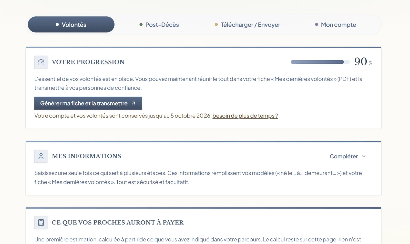 Espace personnel EasyEnd : progression du dossier et génération de la fiche de volontés
