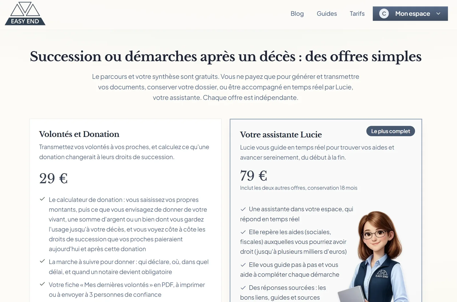 Page des offres EasyEnd : parcours gratuit, documents payants, assistante Lucie